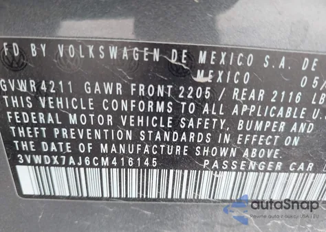 2012 Volkswagen Jetta 2.5L Se z USA, uszkodzony, nr VIN 3VWDX7AJ6CM416145